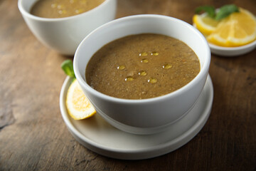 Traditional homemade lentil soup with lemon