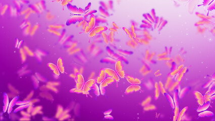 Obraz na płótnie Canvas Magic Top View Purple Pink Blurry Focus Swarm Of Butterflies Flying Scatter In The Air With Small Glitter Stars Background Design