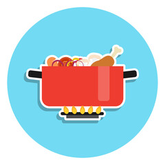 Boiling pot on fire, pot of soup. The pot is making soup. Vector, cartoon illustration.