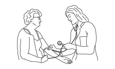 Female doctor measures blood pressure to an elderly patient.