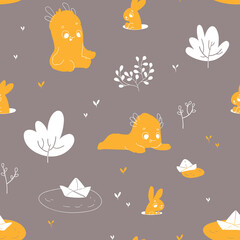 Seamless pattern with cute monsters and paper boats. Childish pattern for fabric, paper, wrapping, clothing, textile, wallpaper, cards, t-shirt prints, pajamas, linens