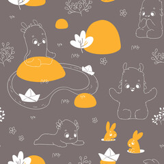 Nursery seamless pattern with cute monsters and paper boats. Childish pattern for fabric, paper, wrapping, clothing, textile, wallpaper, cards, t-shirt prints, pajamas, linens