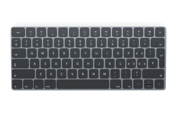 Modern dark aluminum computer keyboard isolated on white background.