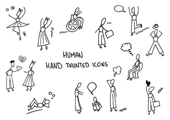 Human hand painted doodles, icons. People, bubbles, situations. - obrazy, fototapety, plakaty