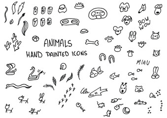 Animals hand painted doodles, icons. Dog, cat, fish, mouse, rabbit, pet items, tails, food. 