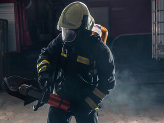 Portrait of a fireman wearing firefighter turnouts and helmet. Dark background with smoke and blue light.