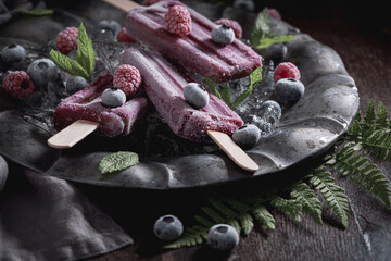 Sweet ice cream sorbet made of frozen berries and mint.
