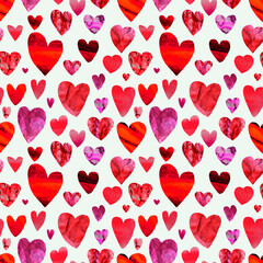 Seamless pattern of beautiful red hearts. Festive vivid background for Valentine's Day. Illustration.
