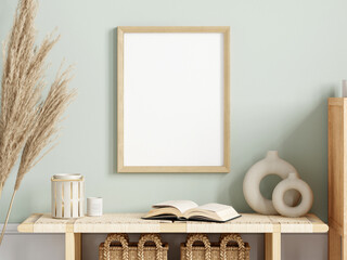 frame mockup in boho living room interior, poster mockup, 3d render © VNmockup