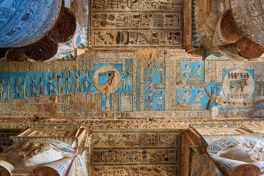 Hathoric Colums and colorful turquoise ceiling from the Ancient Egyptian Temple of Dendera