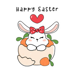 cute happy White bunny with red bow in broken egg shield and carrots, cute cartoon drawing outline