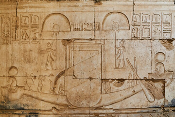 A relief carving from the temple of Seti I in Abydos, depicitng the sacred boat, Egypt