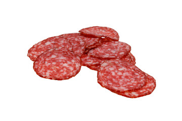 heap of slices of cervelat sausage isolated on white background