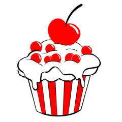 a Cupcake decorated with round Berries and a Cherry. Linear Vector black drawing and red fills