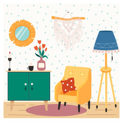 Obraz premium Cozy retro Living Room with Scandinavian Furniture: Armchair, chest of drawers, Floor Lamp, Macrame, round Mirror.Modern Scandinavian Home Interior in Flat style.Vector Illustration.
