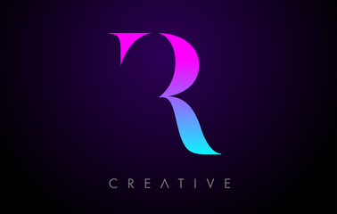 Purple Blue Neon R Letter Logo Design Concept with Minimalist Style and Serif Font Vector