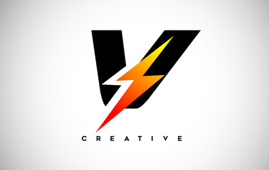 Letter V Thunderbolt Logo Concept with Black Letter and Orange Yellow Thunder.