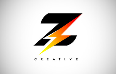 Letter Z Thunderbolt Logo Concept with Black Letter and Orange Yellow Thunder.
