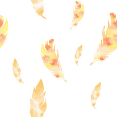 Watercolor pattern with yellow, orange feathers. Background with flying bird feathers. Illustration for decor and design. Template for printing on paper, packaging, scrapbooking. Romantic, love style.