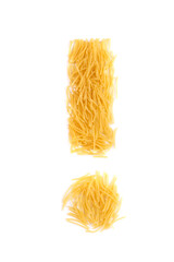 exclamation mark from raw chopped noodles isolated on white background