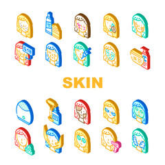 Naklejka premium Facial Skin Care And Treatment Icons Set Vector. Couperose And Acne Face Skin Problem, Massage Laser Lifting Beauty Spa Salon Procedure Line. Toner Scrub Cosmetology Isometric Sign Color Illustrations