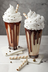 Close-up of chocolate milkshakes with whipped cream, with cookies in a tall glass on a light background. Delicious dessert drink. Selective focus.