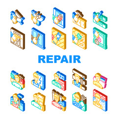 Repair And Maintenance Service Icons Set Vector. Shower Tray And Sink Repair, Kitchen Worktop And Unit, Fireplace And Wood Floor Scratch Line. Repairman Repairing Isometric Sign Color Illustrations