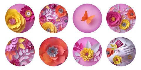 3d illustration, assortment of round botanical stickers isolated on white background. Floral labels collection. Pink red yellow paper flowers: rose dahlia daisy
