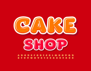 Vector sweet loo Cake Shop with Orange playful Font. Cute shiny Alphabet Letters and Numbers set