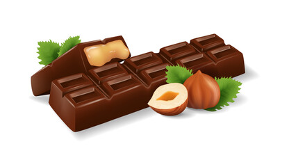 Vector realistic chocolate bar with filling, next to it lies a slice and a nut. Vector 3d illustration isolated on white background