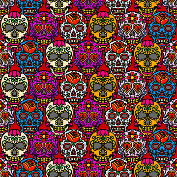 Sugar Skull digital paper, Calavera, Old School Tattoo Seamless pattern, freehand drawing Seamless Pattern for party, anniversary, birthday. Design for banner, poster, card, invitation and scrapbook
