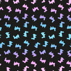 Black seamless pattern with colorful rabbits