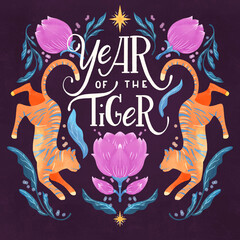 Year of the tiger hand lettering design with tigers and floral elements. Colorful illustration.