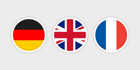 German, British and French flags with circle frame and grey background