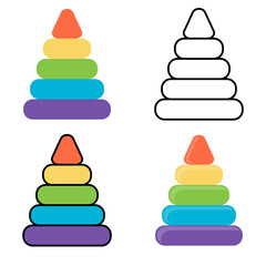 children's toy multicolored pyramid of rings, coloring book drawing, children's book illustration, flat graphics black outline
