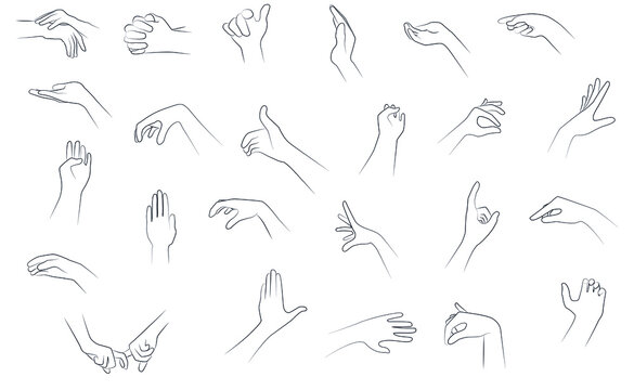 Minimalistic line illustration set of hands positions and gestures in black line on white background. 