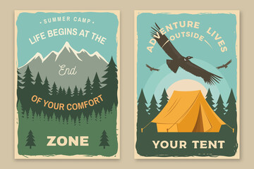 Set of camping retro posters. Vector illustration. Concept for shirt or logo, print, stamp or tee. Vintage typography design with camping tent, forest and mountain silhouette