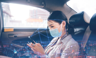 Identity scan young adult business asian woman wear face mask with city manipulated in metaverse...