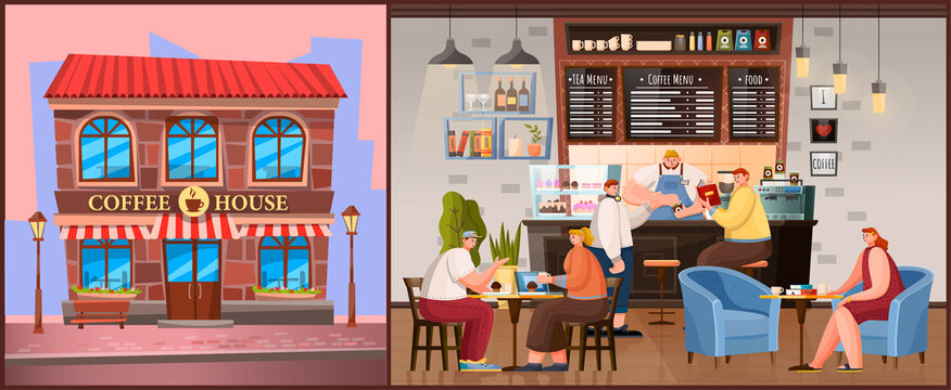 Coffeehouse exterior and interior. Pictures of brick building of coffe house and inside design, room with furniture. Barista stance and place for customers. People relax and meet with friends, vector
