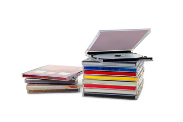 CD in stack and open box isolate on white background