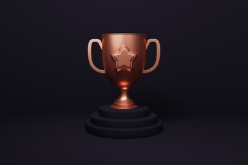 3d award bronze trophy wallpaper for 3rd position prize - Bronze brown winner cup on metallic shiny platform - Illustration for first success - Successful position podium