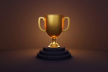 3d award golden trophy wallpaper for 1st position prize - Gold winner cup on metallic shiny platform - Illustration for first success - Successful position  podium