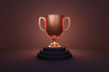 3d award bronze trophy wallpaper for 3rd position prize - Bronze brown winner cup on metallic shiny platform - Illustration for first success - Successful position podium