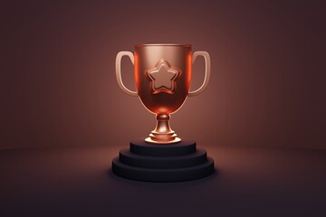 3d award bronze trophy wallpaper for 3rd position prize - Bronze brown winner cup on metallic shiny platform - Illustration for first success - Successful position podium
