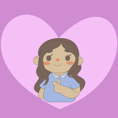 smiling girl showing hands heart in pink heart valentine 