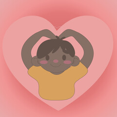 smiling boy showing hands heart in pink heart valentine