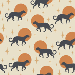 Seamless vector pattern background with sun and leopard. Creative collage contemporary seamless pattern