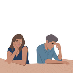 Fototapeta premium Young long hair woman sat on her chin with her boyfriend holding his temples nearby.Couple with embroidery sitting on brown table.Vector isolate flat design concept ideas for family or couple issues.