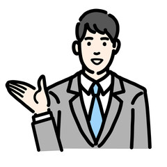 笑顔で手をあげて紹介をしているスーツを着た若い男性のバストアップ