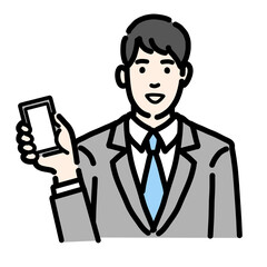 スマートフォンを持っているスーツを着た若い男性のバストアップ